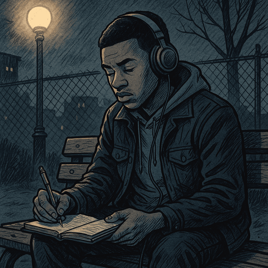 Ed sitting on the park bench writing lyrics, headphones on, looking hungry and hopeful
